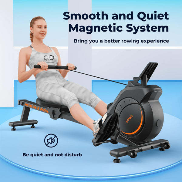UPGO Magnetic Rowing Machine 350 LB Weight Capacity - Foldable Rower for Home Use with Bluetooth, App Supported, Tablet Holder and Comfortable Seat Cushion