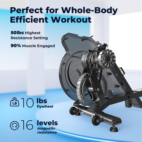 UPGO Magnetic Rowing Machine 350 LB Weight Capacity - Foldable Rower for Home Use with Bluetooth, App Supported, Tablet Holder and Comfortable Seat Cushion