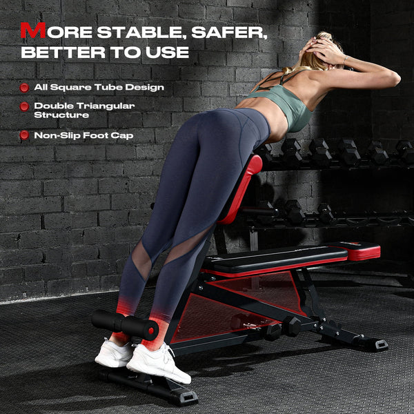 UPGO Adjustable Weight Bench, Multi-Functional Workout Bench for Full Body Workout, Roman Chair for Hyper Back Extension, Flat/Decline Bench with Handle, Abdomen core and Comprehensive Glute Training