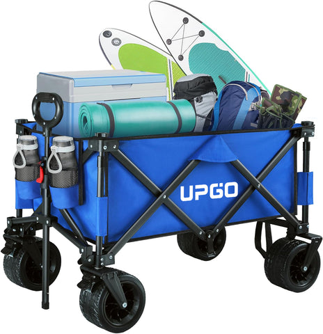 UPGO 200L Collapsible Foldable Wagon with 350lbs Weight Capacity, Heavy Duty Folding Utility Garden Cart with Big All-Terrain Beach Wheels & Drink Holders.Blue