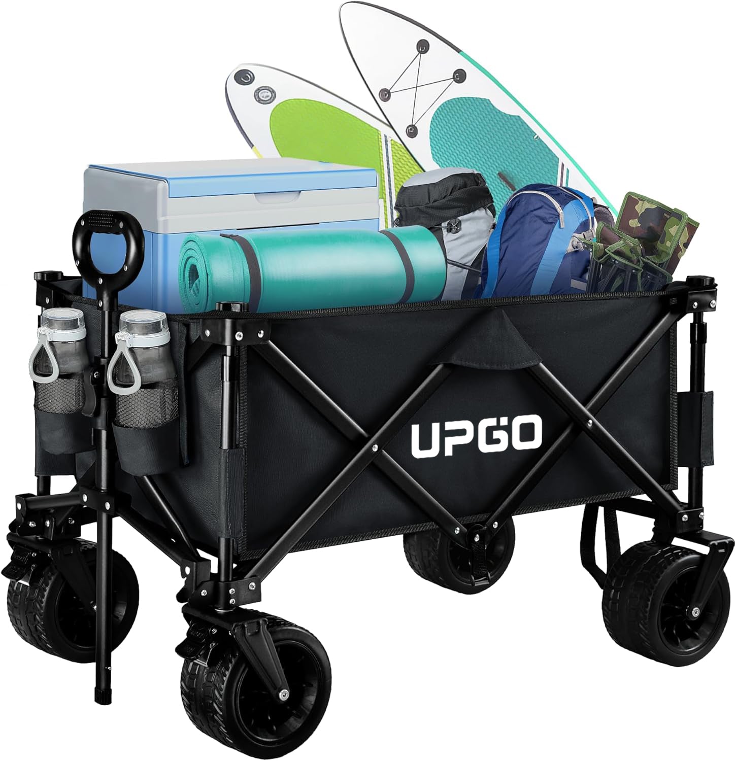 UPGO 200L Collapsible Foldable Wagon with 350lbs Weight Capacity, Heavy Duty Folding Utility Garden Cart with Big All-Terrain Beach Wheels & Drink Holders.Black