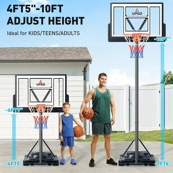 UPGO Basketball Hoop Outdoor 4.5-10FT Adjustable Height, 44 in Backboard, 20 Gal Stable Base, Portable Basketball Hoop Ideal for Kids/Teens/Adults