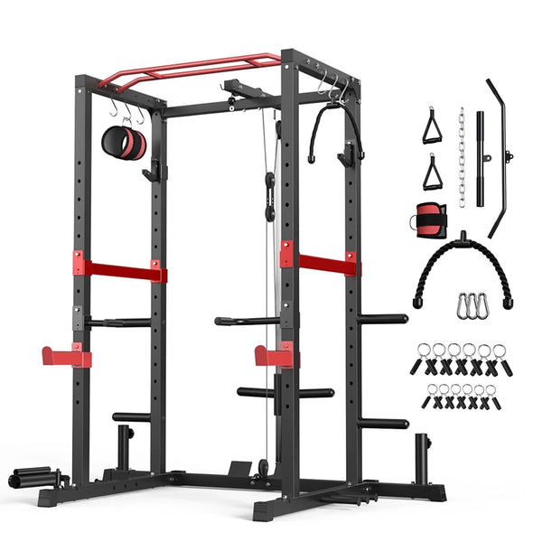 UPGO Power Cage, 1200lbs Multi-Function Power Rack with Lat Pulldown and Pulley System and More Training Attachment, Weight Cage for Home Gym