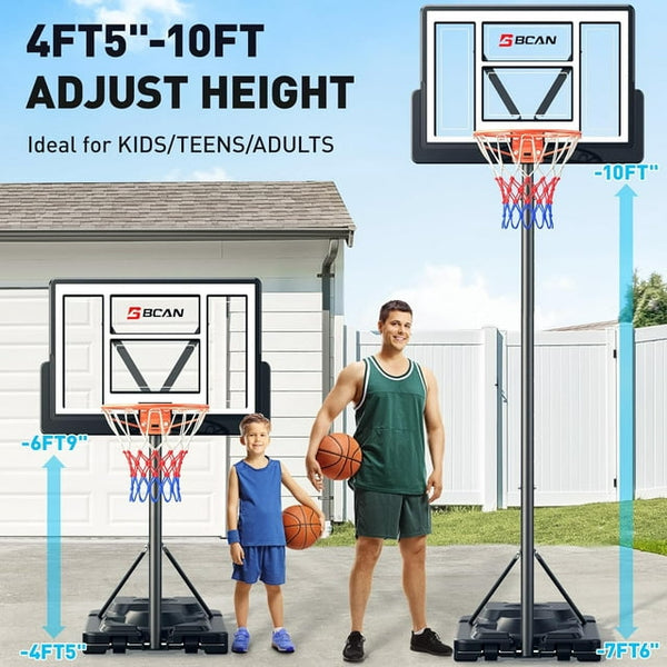 UPGO Basketball Hoop Outdoor 4.5-10FT Adjustable Height, 44 in Backboard, 20 Gal Stable Base, Portable Basketball Hoop Ideal for Kids/Teens/Adults