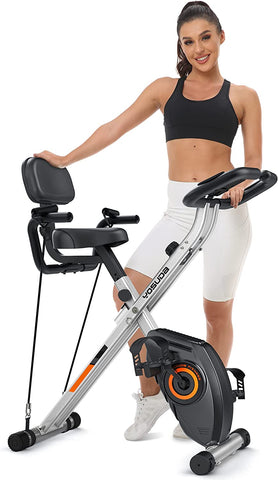 UPGO Folding Exercise Bike - 3 in 1 Upright Indoor Cycling Bike and Recumbent Exercise Bike, Foldable Stationary Bike Machine with Large Comfortable Seat Cushion and Arm Resistance Band, Pulse Sensor