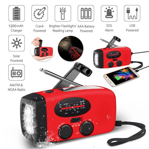 Weather Alert Emergency Radio Self Powered AM/FM/WB Alert Emergency Radio Solar Hand Crank Dynamo LED Flashlight Weather Alert Radio, Red